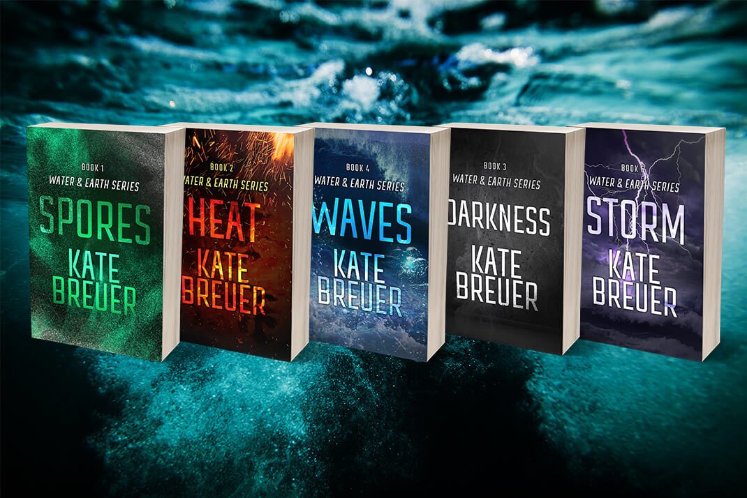 Mockup of the five books in the Water & Earth series: Spores, Heat, Waves, Darkness, and Storm.