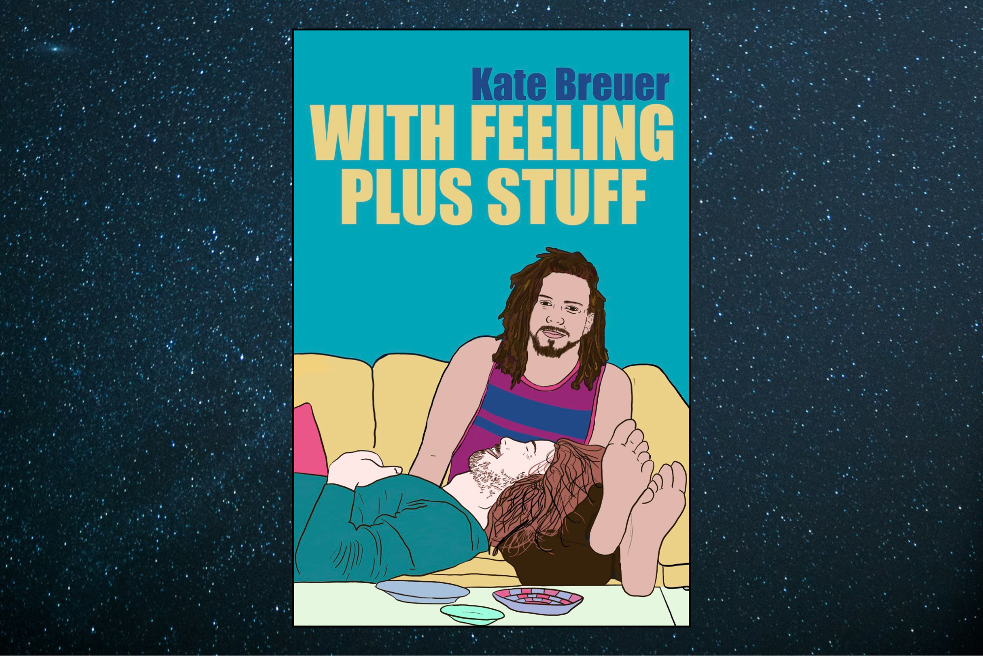 Cover of the book With Feelings + Stuff showing the two main characters on a couch